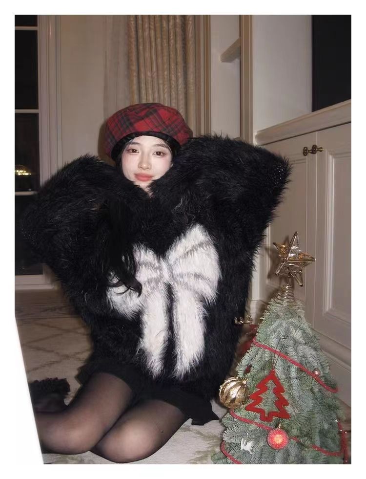 聖誕蝴蝶結仿水貂毛衣女2023秋冬加厚新年紅慵懶風百搭針織上衣女