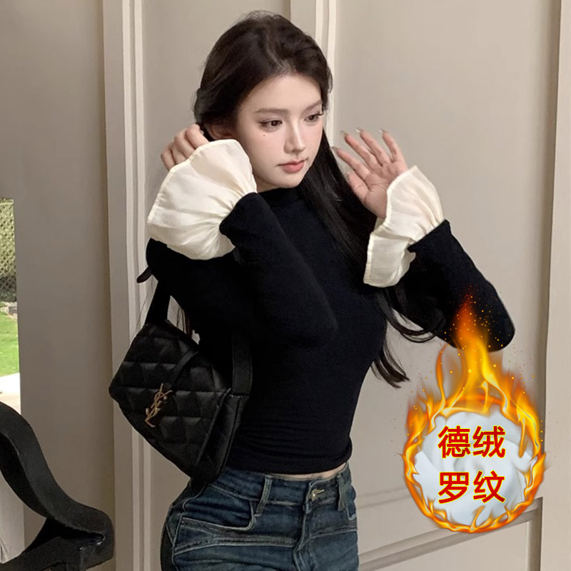 德絨羅紋內搭高領保暖打底衫女長袖秋冬拼接T恤上衣