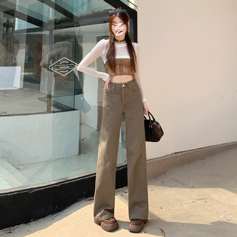 實拍~2023年秋冬新款牛仔褲女高腰直筒寬鬆流行美拉德拖地闊腿褲