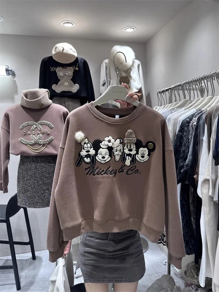 Autumn and winter new women's short coat loose European heavy industry embroidered Mickey long-sleeved pullover plus velvet sweatshirt for small people