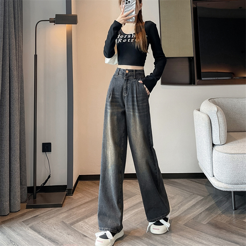 實拍2024早春時尚潮流美式復古直筒闊腿牛仔褲女