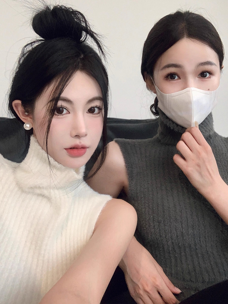 仿水貂絨毛衣背心女秋冬純欲辣妹性感無袖高領上衣內搭針織打底衫