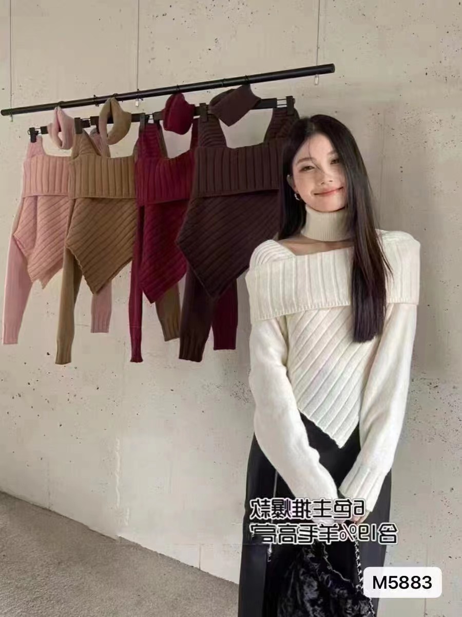 ZY韓系復古方領坎肩軟糯羊毛針織衫秋冬女裝圍脖不規則一字肩毛衣