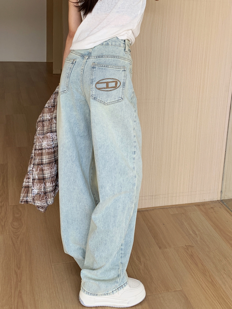 實拍#新款寬鬆直筒牛仔長褲女設計感後袋刺繡闊腿拖地褲子女
