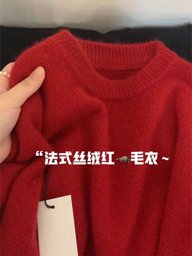 車厘子紅毛衣女秋冬新款羊絨套頭寬鬆復古百搭圓領打底針織衫上衣