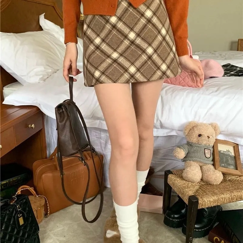 Tmall quality retro woolen red plaid skirt high waist plaid skirt hot girl a line hip skirt
