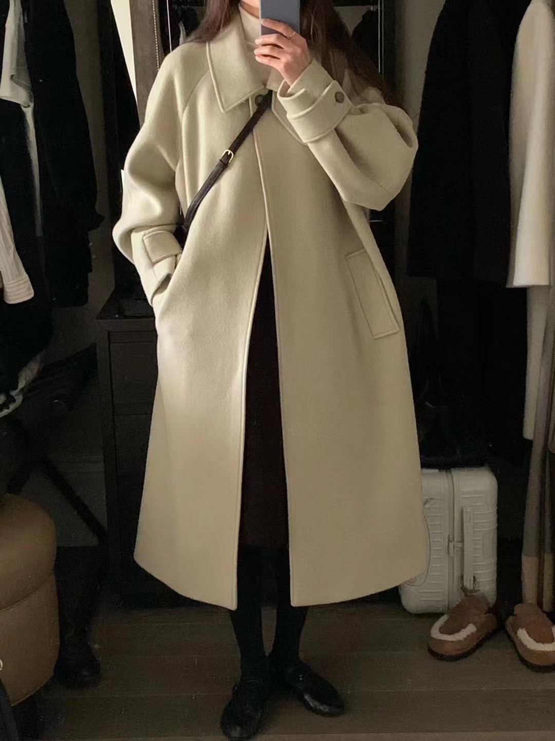 South Korea's Dongdaemun winter elegant and elegant lapel high-end simple mid-length woolen coat