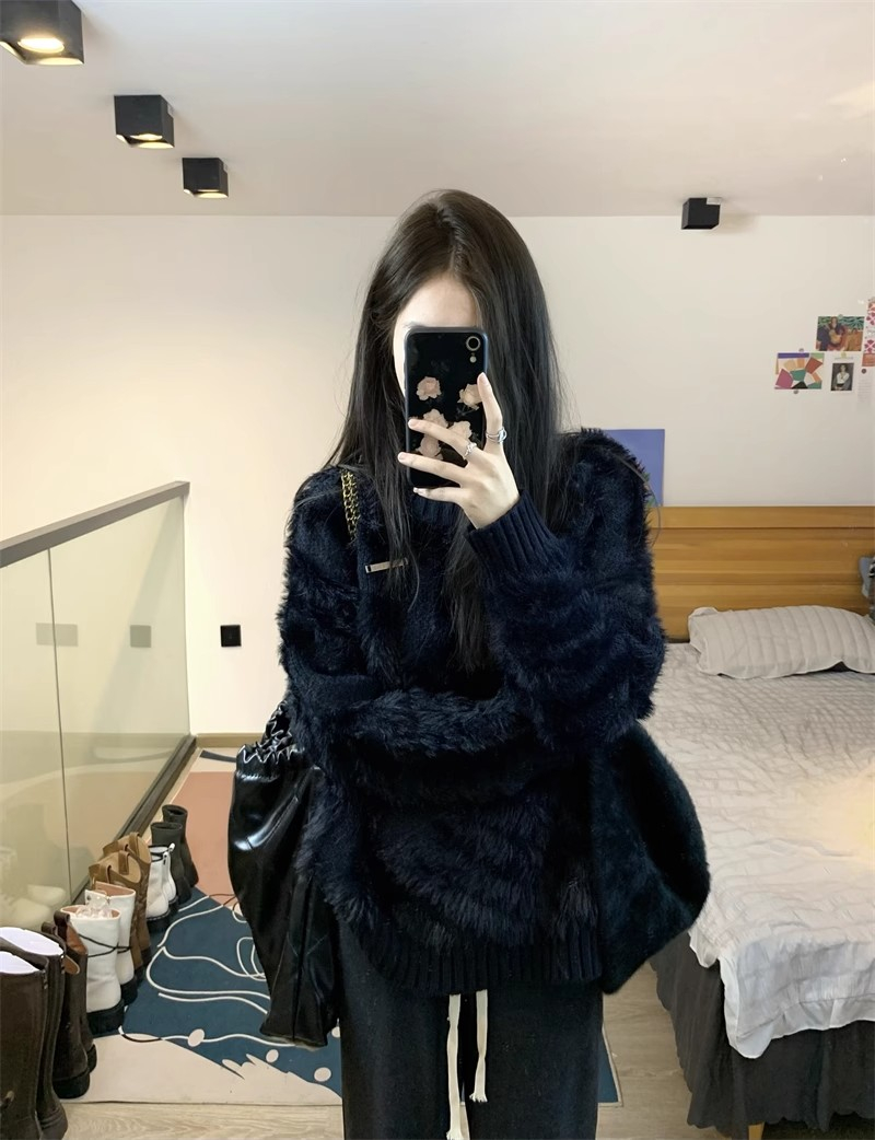 法式慵懶風厚實黑色毛衣女秋冬外穿新款寬鬆水貂毛針織衫軟糯上衣