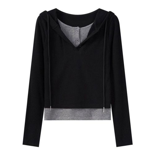 Original workmanship color-blocked drawstring hooded long-sleeved T-shirt for women  autumn and winter Korean version sweet and cool commuter solid color top