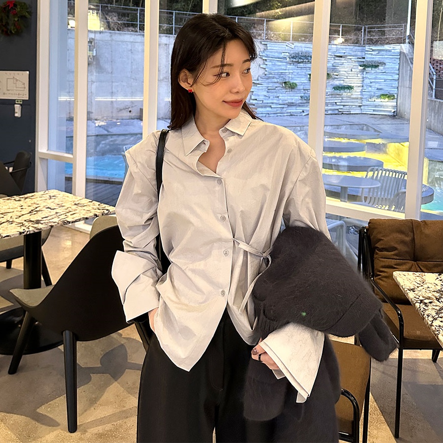 Korean chic French simple niche back hollow slit irregular side tie long-sleeved shirt