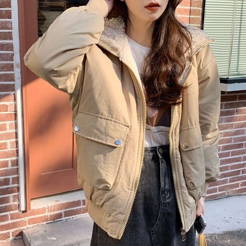 Actual shot of new winter Korean style loose and versatile lamb wool cotton-padded jacket with velvet and thickening