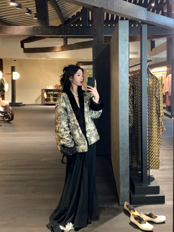 MOSS STUDIO Qingpingyuan imitation mink fur lace new Chinese style national style 90 white duck down jacket