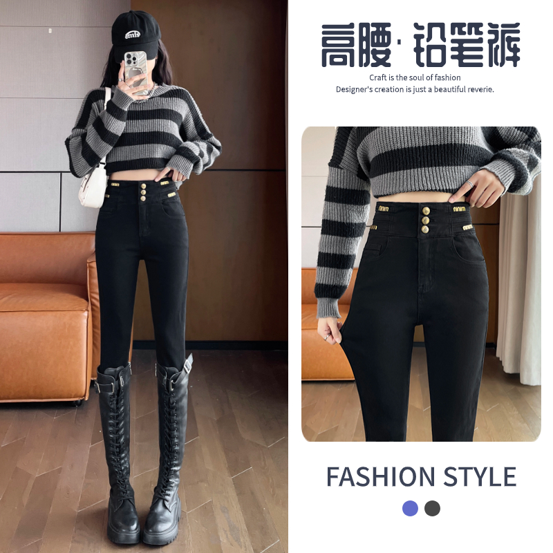 實拍2024早春時尚潮流修身小腳復古牛仔褲女