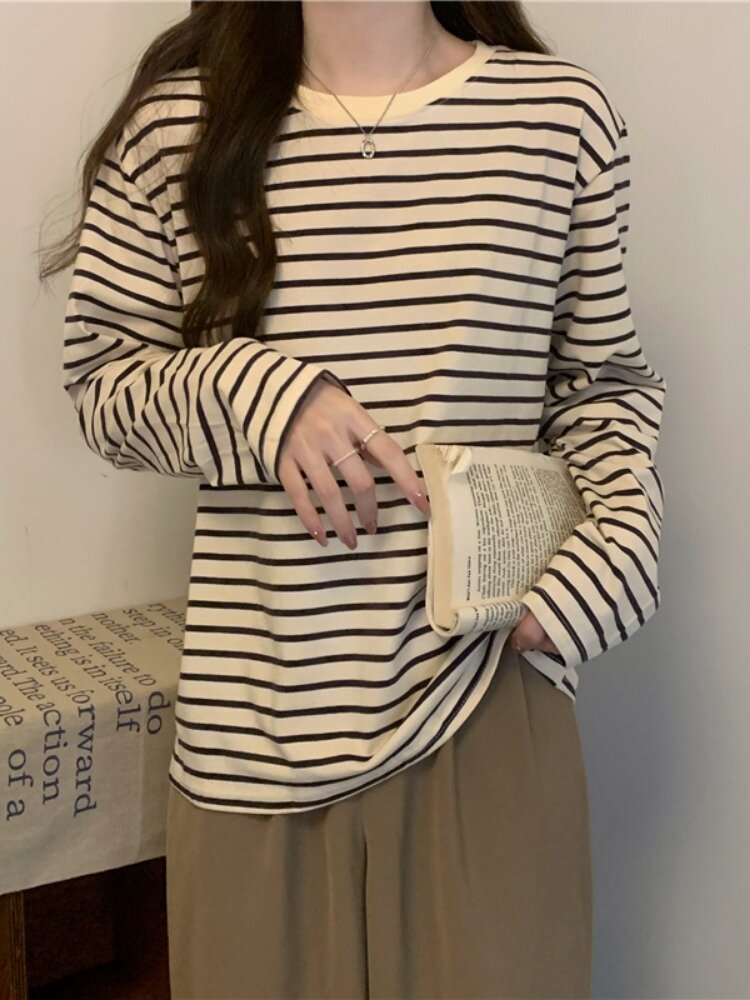 Round neck long-sleeved T-shirt for women, new autumn style, loose, slim, versatile striped bottoming shirt, top for women