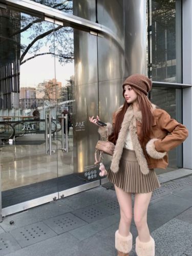 Real shot of retro brown fur coat for women