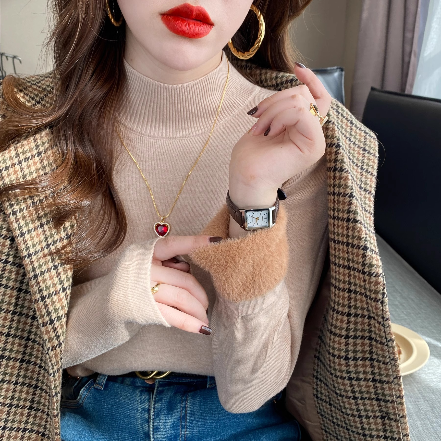 加絨加厚毛衣女秋冬2023新款半高領打底衫內搭一體絨保暖針織上衣