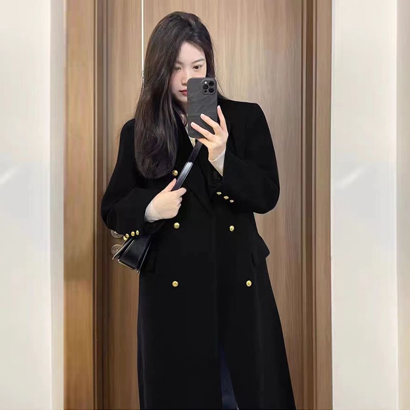 Black woolen coat women's mid-length 2023 autumn and winter new Korean style Hepburn style loose thickened woolen coat