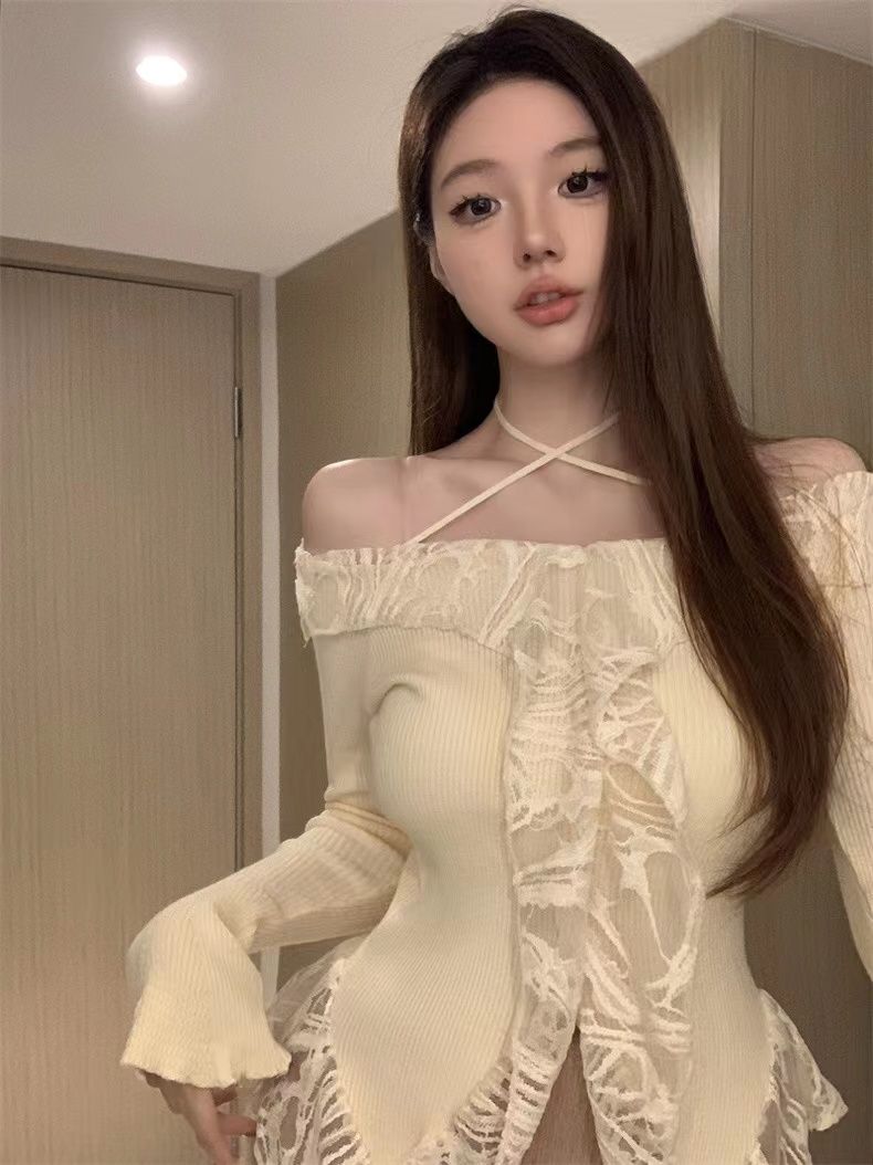 蕾絲荷葉邊一字肩長袖針織衫女秋冬季純欲風性感掛脖上衣修身毛衣