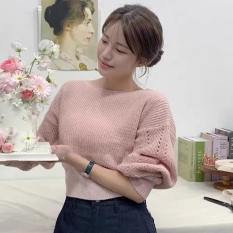 韓國chic秋冬減齡復古氣質一字領鏤空甜美粉針織衫加厚毛衣小衫女