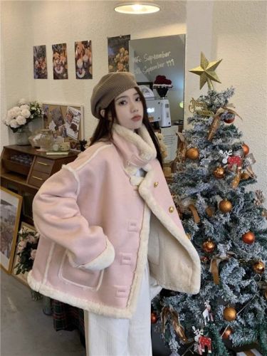 Fur all-in-one coat for women in winter, sweet and fragrant, plus velvet and thickened, loose and warm, stand-up collar coat