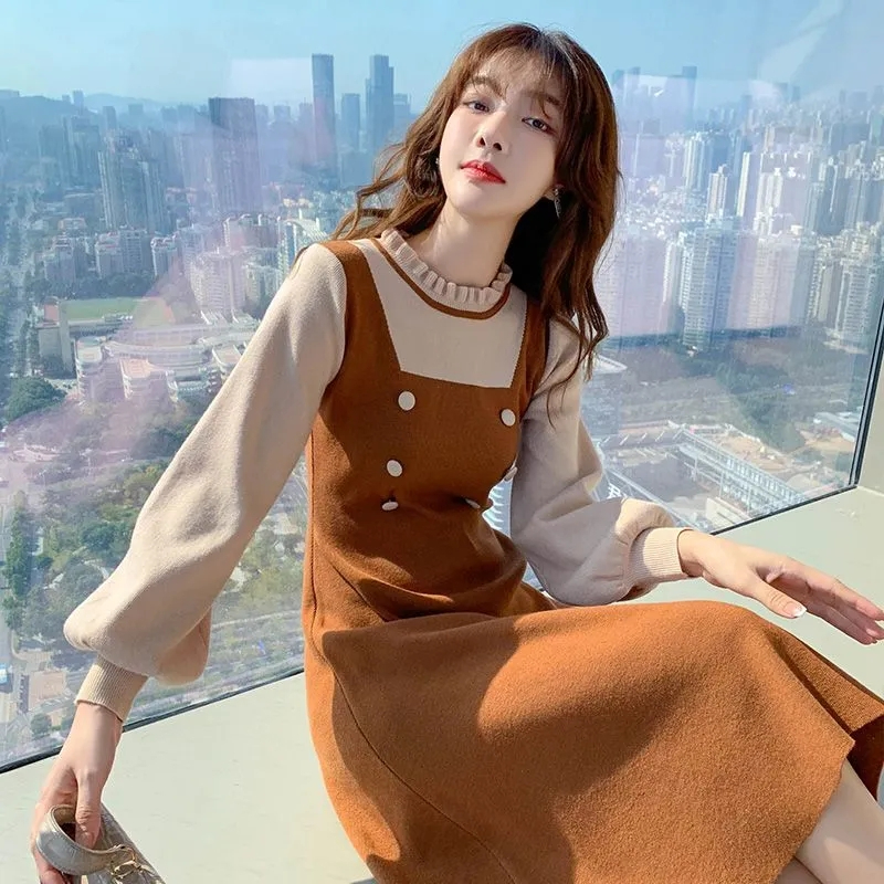 Tmall quality French knitted dress, waist slimming, small fragrant fake two-piece mid-length sweater dress