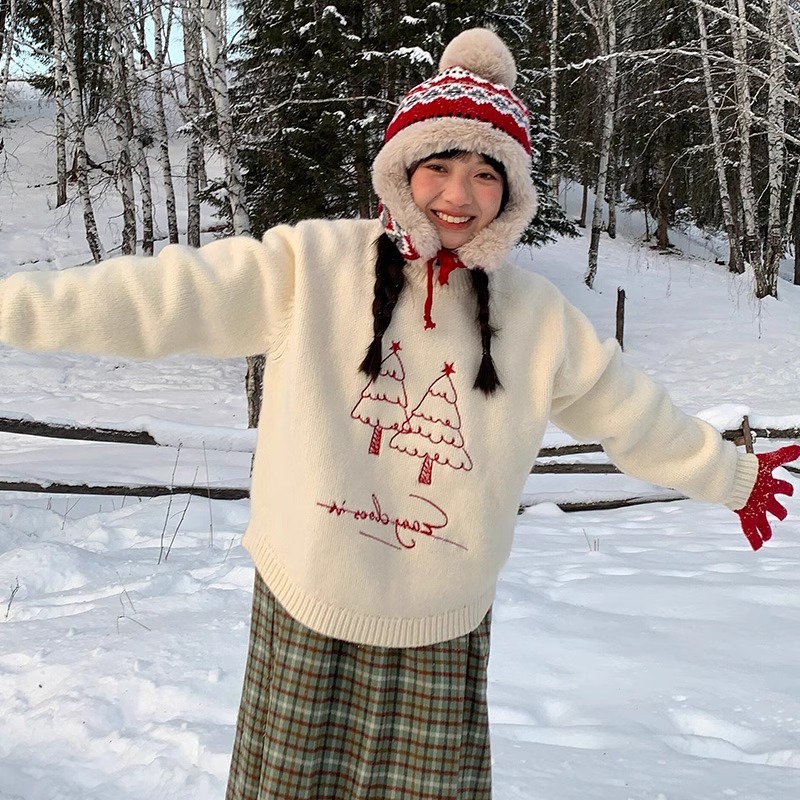 聖誕樹白色圓領套頭針織毛衣女秋冬復古少女風慵懶風寬鬆針織上衣