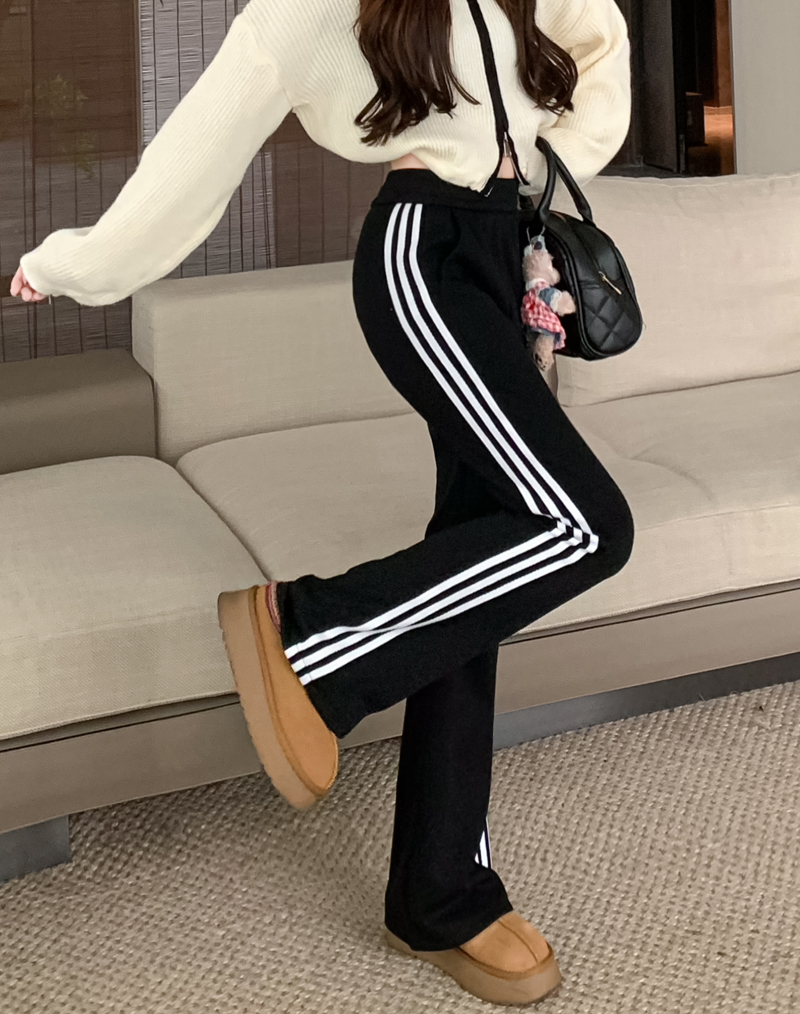 實拍 撞色加絨休閒褲女側邊飾條闊腿褲寬鬆顯瘦褲子加厚長褲