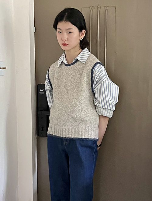 兩件套裝春秋新款學院風復古chic鹽系馬甲針織背心女鹽系條紋襯衫