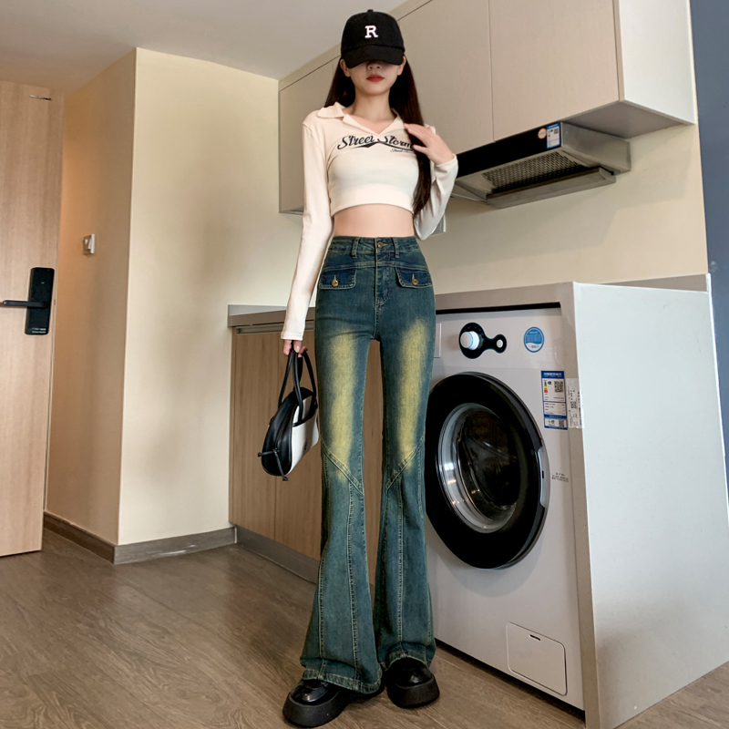 美式個性性感辣妹馬蹄微喇叭牛仔褲女2023秋冬高腰百搭微喇牛仔褲