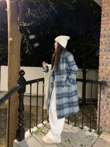 Actual shot ~ Korean style fashionable loose winter thickened temperament woolen plaid windbreaker jacket