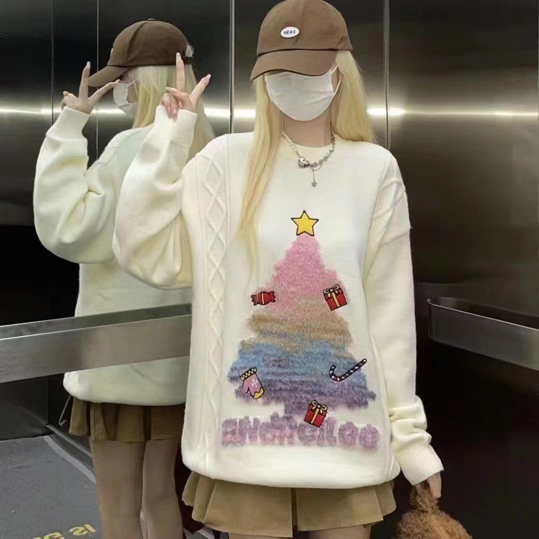 聖誕節情侶裝毛衣女2023新款秋冬季穿搭新年紅色女裝時尚衣服外套