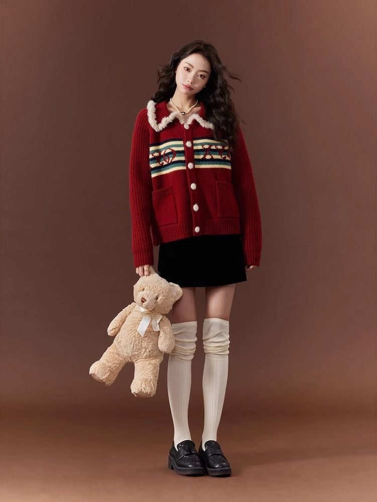 北極絨聖誕款紅色毛衣條紋針織開衫外套女