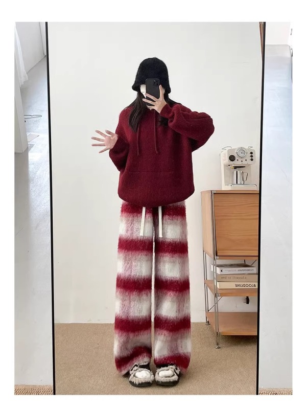 奶fufu慵懶條紋紅色聖誕糯米褲女秋冬季高腰休閒褲軟糯闊腿毛毛褲