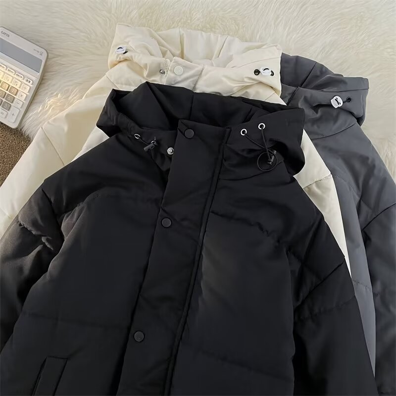 Down jacket for men and women in winter new Hong Kong style thickened trendy versatile solid color cotton jacket loose hooded bread coat
