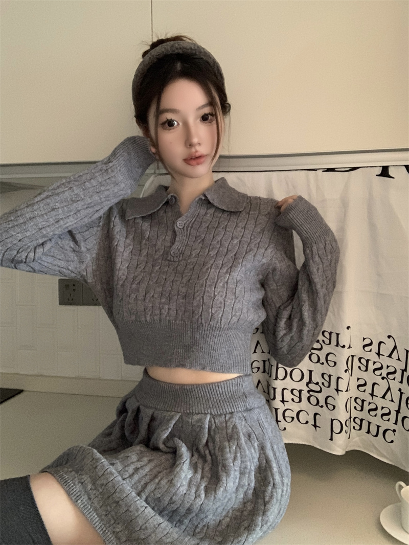 實拍 新款兩件套女翻領長袖毛衣修身高腰裙褲小個子套裝