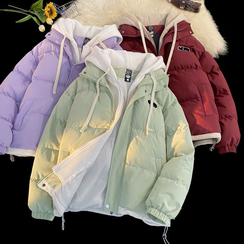 Cotton clothing#Winter cotton clothing fake two-piece down thickened hooded loose western-style top warm bread cotton-padded jacket