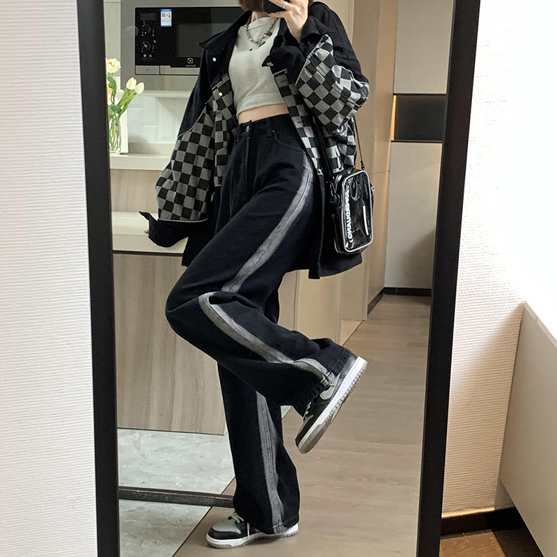 個性直筒牛仔褲女寬鬆2023年新款秋冬美式高腰顯瘦漸變闊腿拖地褲