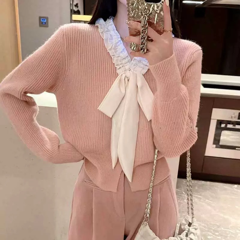 淑女蝴蝶結毛衣小外套冬新品時尚輕奢純色顯瘦減齡優雅氣質女神