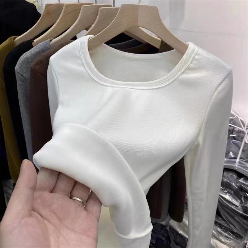 秋冬季保暖內衣女加絨加厚加大碼內搭修身打底衫圓領長袖T恤上衣