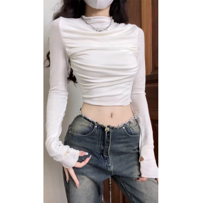 Hot girl short design white t-shirt women's autumn and winter niche pure lust style navel-baring versatile long-sleeved bottoming shirt top