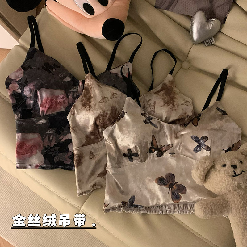 實拍 秋冬性感金絲絨水墨花設計感吊帶女帶胸墊內搭打底上衣