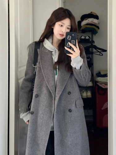 Gray and black woolen coat for women 2023 new woolen coat autumn and winter small high-end Hepburn style