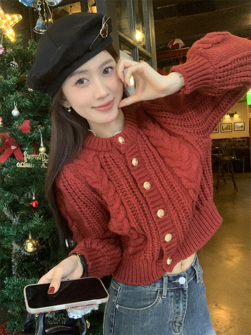 實拍高級感法式復古短款上衣2023紅色麻花毛衣女秋冬針織開衫