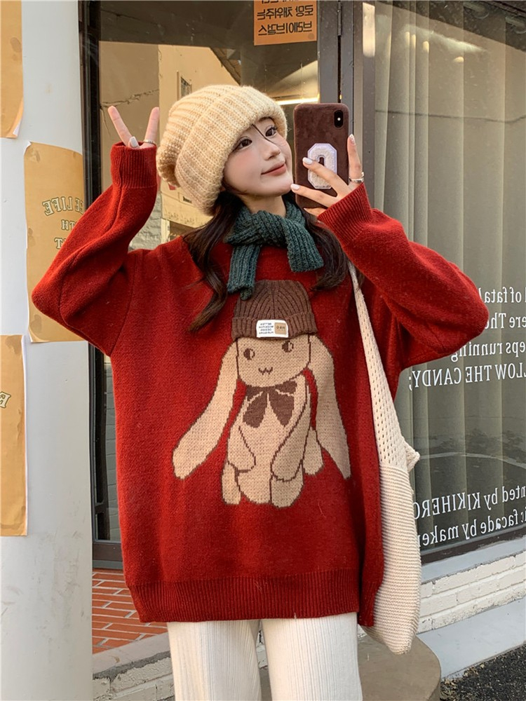 慵懶風聖誕過年紅毛衣女秋冬新款潮牌設計感小個子套頭外穿針織衫