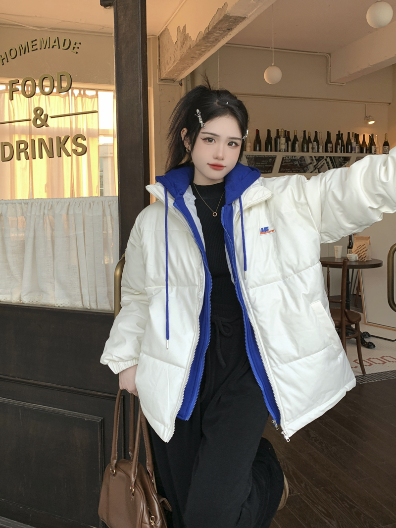 Actual shot~All three standards~Designed hooded contrasting color loose thickened cotton jacket loose and versatile long-sleeved cotton jacket