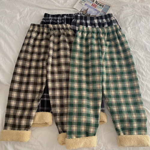 Black and White Checkered Women's Autumn/Winter Lamb Wool Wide Leg Pants High Waisted Straight Leg Casual Pants Ins Trend