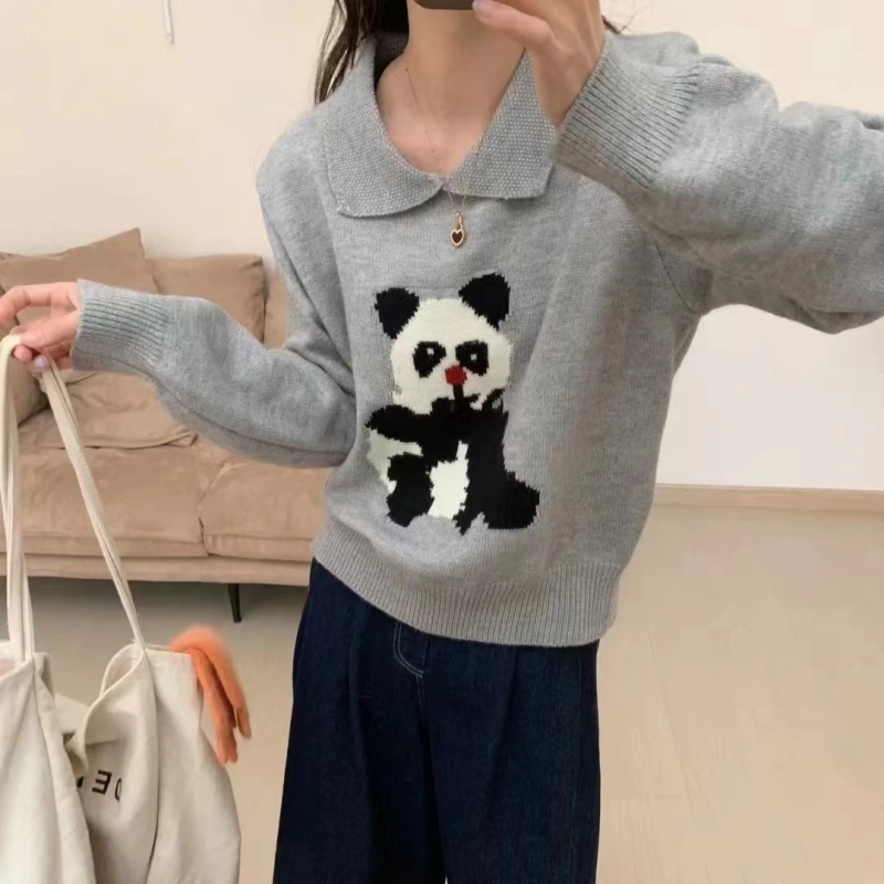 2023秋冬新品韓版HONE休閒復古寬鬆咖啡色熊貓小翻領套頭毛衣女