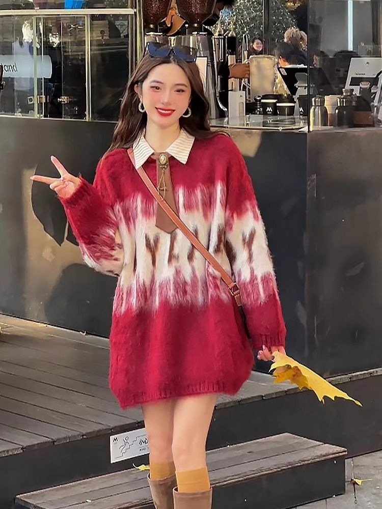 聖誕主題氛圍感毛衣上衣女慵懶風漸變撞色寬鬆軟糯氣質小眾針織衫