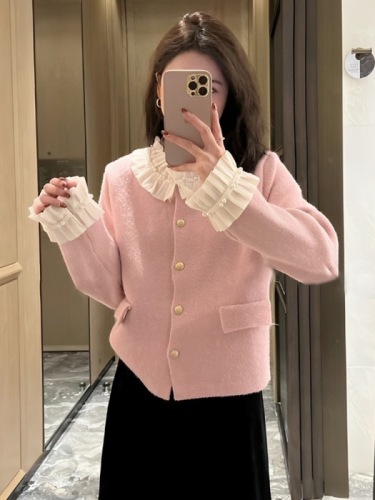  winter new Korean style French design gentle and sweet lace splicing small fragrance sweater