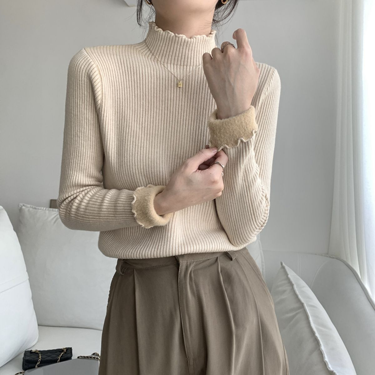 秋冬2023新款韓版修身半高領針織打底衫女加絨加厚內搭木耳邊毛衣